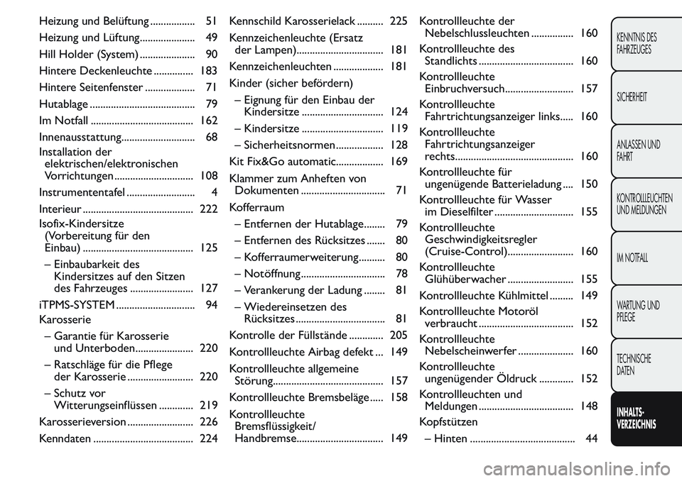 FIAT FIORINO 2017  Betriebsanleitung (in German) Heizung und Belüftung ................. 51
Heizung und Lüftung..................... 49
Hill Holder (System) ..................... 90
Hintere Deckenleuchte ............... 183
Hintere Seitenfenster .