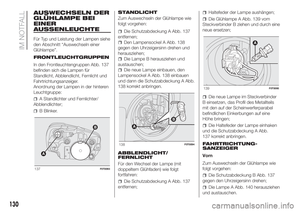 FIAT FIORINO 2018  Betriebsanleitung (in German) AUSWECHSELN DER
GLÜHLAMPE BEI
EINER
AUSSENLEUCHTE
Für Typ und Leistung der Lampen siehe
den Abschnitt “Auswechseln einer
Glühlampe”.
FRONTLEUCHTGRUPPEN
In den Frontleuchtengruppen Abb. 137
befi