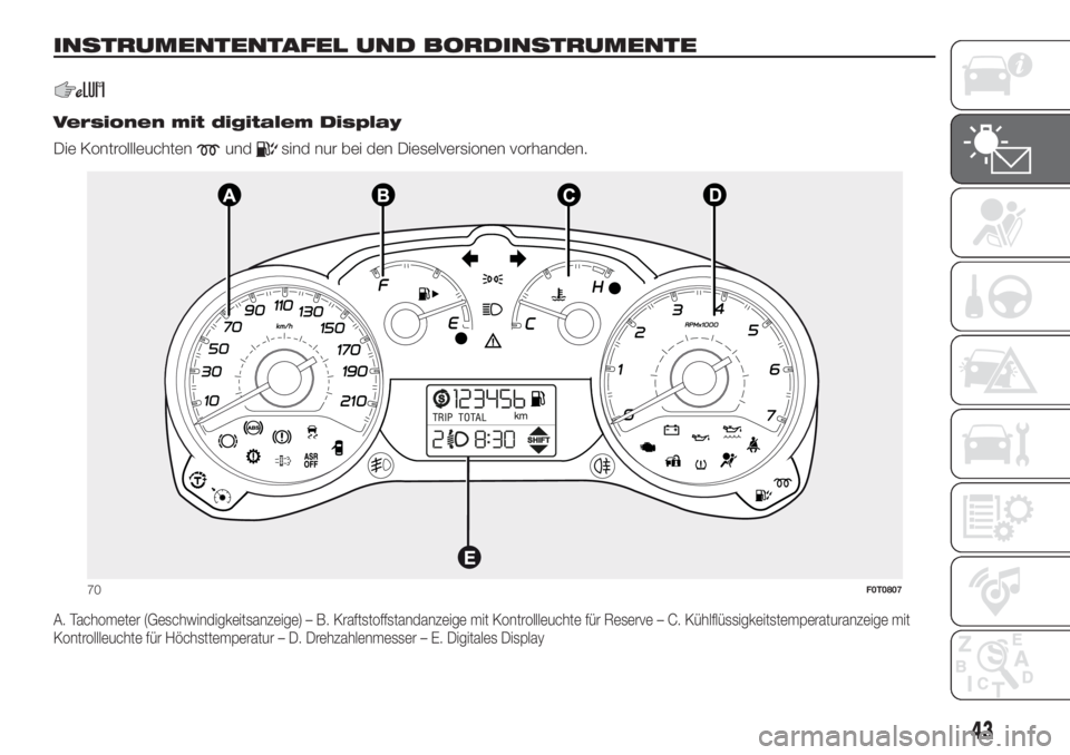 FIAT FIORINO 2018  Betriebsanleitung (in German) INSTRUMENTENTAFEL UND BORDINSTRUMENTE.
.
Versionen mit digitalem Display
Die Kontrollleuchten
undsind nur bei den Dieselversionen vorhanden.
A. Tachometer (Geschwindigkeitsanzeige) – B. Kraftstoffst