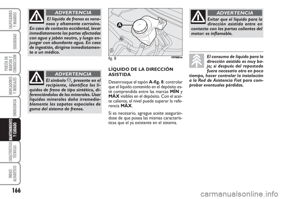FIAT FIORINO 2007 Manual de Empleo y Cuidado (in Spanish) 166
INDICADORES
Y MENSAJES
CARACTERÍSTICASTÉCNICAS
ÍNDICE
ALFABÉTICO
SALPICADERO
Y MANDOS
SEGURIDAD
PUESTA EN
MARCHA Y
CONDUCCIÓN
EMERGENCIA
MANTENIMIENTO
Y CUIDADO
El líquido de frenos es vene FIAT FIORINO 2007 Manual de Empleo y Cuidado (in Spanish) 166
INDICADORES
Y MENSAJES
CARACTERÍSTICASTÉCNICAS
ÍNDICE
ALFABÉTICO
SALPICADERO
Y MANDOS
SEGURIDAD
PUESTA EN
MARCHA Y
CONDUCCIÓN
EMERGENCIA
MANTENIMIENTO
Y CUIDADO
El líquido de frenos es vene
