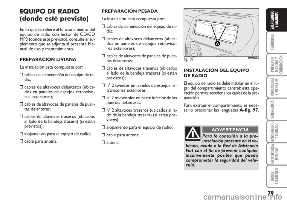 FIAT FIORINO 2007  Manual de Empleo y Cuidado (in Spanish) 79
SEGURIDAD
PUESTA EN
MARCHA Y
CONDUCCIÓN
INDICADORES
Y MENSAJES
EMERGENCIA
MANTENIMIENTOY CUIDADO
CARACTERÍSTICASTÉCNICAS
ÍNDICE
ALFABÉTICO
SALPICADERO
Y MANDOS
EQUIPO DE RADIO
(donde esté pre
