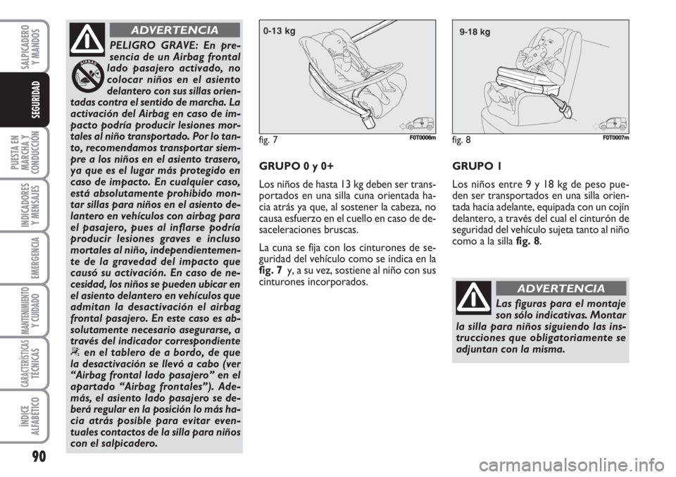 FIAT FIORINO 2007  Manual de Empleo y Cuidado (in Spanish) 90
PUESTA EN
MARCHA Y
CONDUCCIÓN
INDICADORES
Y MENSAJES
EMERGENCIA
MANTENIMIENTOY CUIDADO
CARACTERÍSTICASTÉCNICAS
ÍNDICE
ALFABÉTICO
SALPICADERO
Y MANDOS
SEGURIDAD
PELIGRO GRAVE: En pre-
sencia de