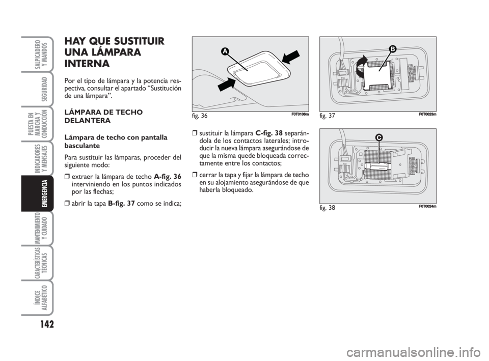 FIAT FIORINO 2008  Manual de Empleo y Cuidado (in Spanish) 142
INDICADORES
Y MENSAJES
MANTENIMIENTOY CUIDADO
CARACTERÍSTICASTÉCNICAS
ÍNDICE
ALFABÉTICO
SALPICADERO
Y MANDOS
SEGURIDAD
PUESTA EN
MARCHA Y
CONDUCCIÓN
EMERGENCIA
HAY QUE SUSTITUIR
UNA LÁMPARA
