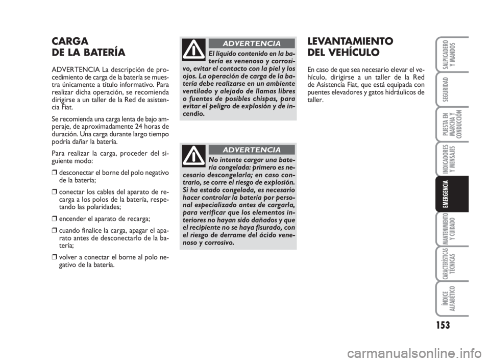 FIAT FIORINO 2008  Manual de Empleo y Cuidado (in Spanish) 153
INDICADORES
Y MENSAJES
MANTENIMIENTOY CUIDADO
CARACTERÍSTICASTÉCNICAS
ÍNDICE
ALFABÉTICO
SALPICADERO
Y MANDOS
SEGURIDAD
PUESTA EN
MARCHA Y
CONDUCCIÓN
EMERGENCIA
CARGA
DE LA BATERÍA
ADVERTENCI
