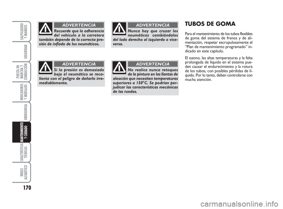 FIAT FIORINO 2008 Manual de Empleo y Cuidado (in Spanish) 170
INDICADORES
Y MENSAJES
CARACTERÍSTICASTÉCNICAS
ÍNDICE
ALFABÉTICO
SALPICADERO
Y MANDOS
SEGURIDAD
PUESTA EN
MARCHA Y
CONDUCCIÓN
EMERGENCIA
MANTENIMIENTO
Y CUIDADO
TUBOS DE GOMA
Para el manteni FIAT FIORINO 2008 Manual de Empleo y Cuidado (in Spanish) 170
INDICADORES
Y MENSAJES
CARACTERÍSTICASTÉCNICAS
ÍNDICE
ALFABÉTICO
SALPICADERO
Y MANDOS
SEGURIDAD
PUESTA EN
MARCHA Y
CONDUCCIÓN
EMERGENCIA
MANTENIMIENTO
Y CUIDADO
TUBOS DE GOMA
Para el manteni