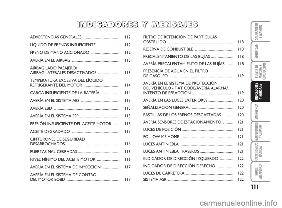 FIAT FIORINO 2009  Manual de Empleo y Cuidado (in Spanish) 111
EMERGENCIA
MANTENIMIENTOY CUIDADO
CARACTERÍSTICASTÉCNICAS
ÍNDICE
ALFABÉTICO
SALPICADERO
Y MANDOS
SEGURIDAD
PUESTA EN
MARCHA Y
CONDUCCIÓN
INDICADORES
Y MENSAJES
ADVERTENCIAS GENERALES.........