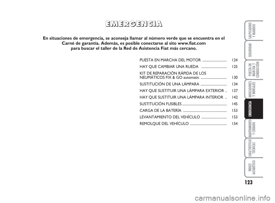 FIAT FIORINO 2009  Manual de Empleo y Cuidado (in Spanish) 123
INDICADORES
Y MENSAJES
MANTENIMIENTOY CUIDADO
CARACTERÍSTICASTÉCNICAS
ÍNDICE
ALFABÉTICO
SALPICADERO
Y MANDOS
SEGURIDAD
PUESTA EN
MARCHA Y
CONDUCCIÓN
EMERGENCIA
PUESTA EN MARCHA DEL MOTOR ....