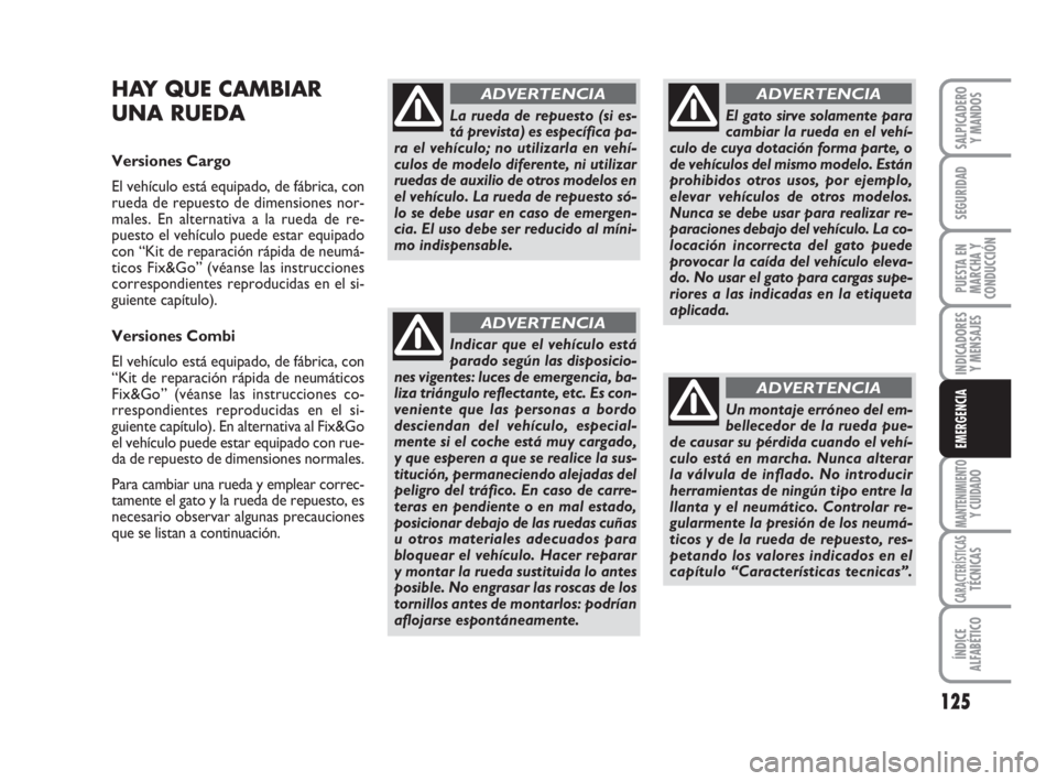 FIAT FIORINO 2009  Manual de Empleo y Cuidado (in Spanish) 125
INDICADORES
Y MENSAJES
MANTENIMIENTOY CUIDADO
CARACTERÍSTICASTÉCNICAS
ÍNDICE
ALFABÉTICO
SALPICADERO
Y MANDOS
SEGURIDAD
PUESTA EN
MARCHA Y
CONDUCCIÓN
EMERGENCIA
HAY QUE CAMBIAR
UNA RUEDA
Versi