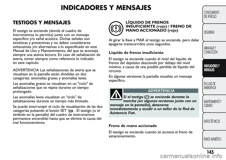 FIAT FIORINO 2017  Manual de Empleo y Cuidado (in Spanish) INDICADORES Y MENSAJES
TESTIGOS Y MENSAJES
El testigo se enciende (donde el cuadro de
instrumentos lo permita) junto con un mensaje
específico y/o señal acústica. Dichas señales son
sintéticas y 