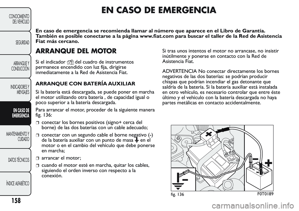 FIAT FIORINO 2017  Manual de Empleo y Cuidado (in Spanish) EN CASO DE EMERGENCIA
En caso de emergencia se recomienda llamar al número que aparece en el Libro de Garantía.
También es posible conectarse a la página www.fiat.com para buscar el taller de la R