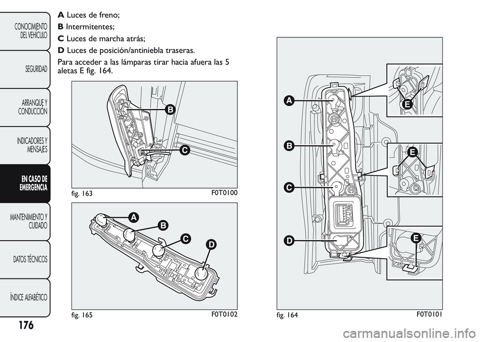 FIAT FIORINO 2017  Manual de Empleo y Cuidado (in Spanish) ALuces de freno;
BIntermitentes;
CLuces de marcha atrás;
DLuces de posición/antiniebla traseras.
Para acceder a las lámparas tirar hacia afuera las 5
aletas E fig. 164.
fig. 163F0T0100
fig. 165F0T0