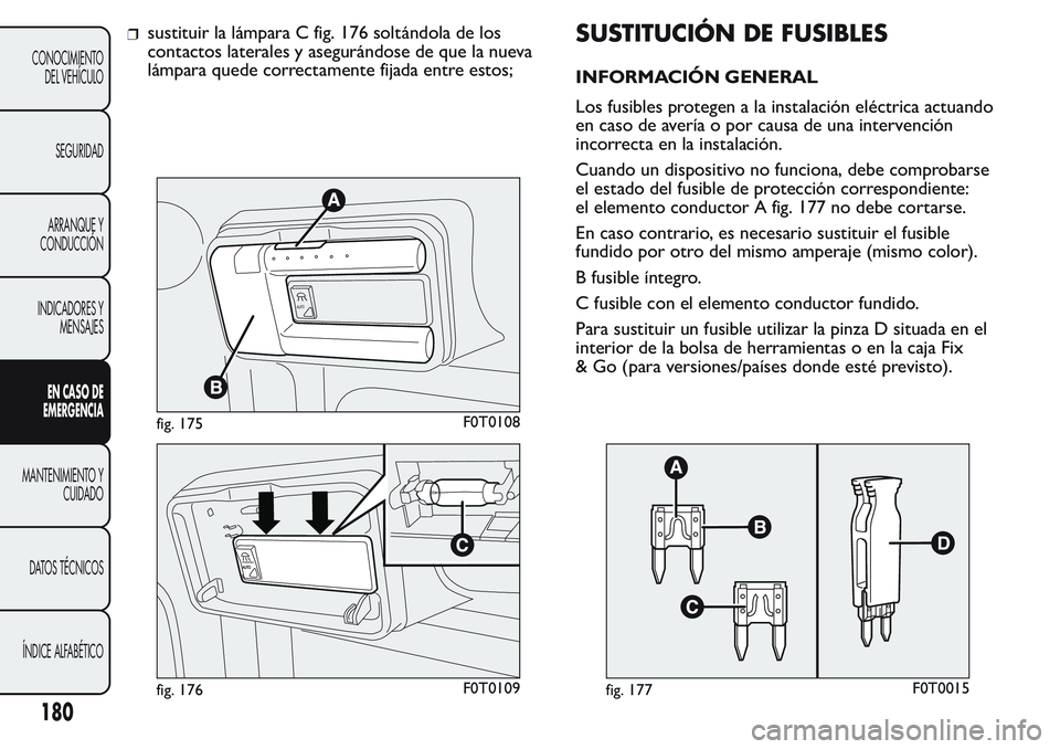 FIAT FIORINO 2017  Manual de Empleo y Cuidado (in Spanish) sustituir la lámpara C fig. 176 soltándola de los
contactos laterales y asegurándose de que la nueva
lámpara quede correctamente fijada entre estos;SUSTITUCIÓN DE FUSIBLES
INFORMACIÓN GENERAL
Lo