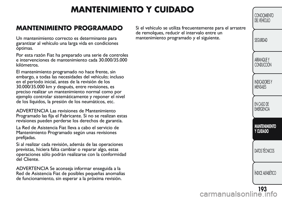 FIAT FIORINO 2017  Manual de Empleo y Cuidado (in Spanish) MANTENIMIENTO Y CUIDADO
MANTENIMIENTO PROGRAMADO
Un mantenimiento correcto es determinante para
garantizar al vehículo una larga vida en condiciones
óptimas.
Por esta razón Fiat ha preparado una se