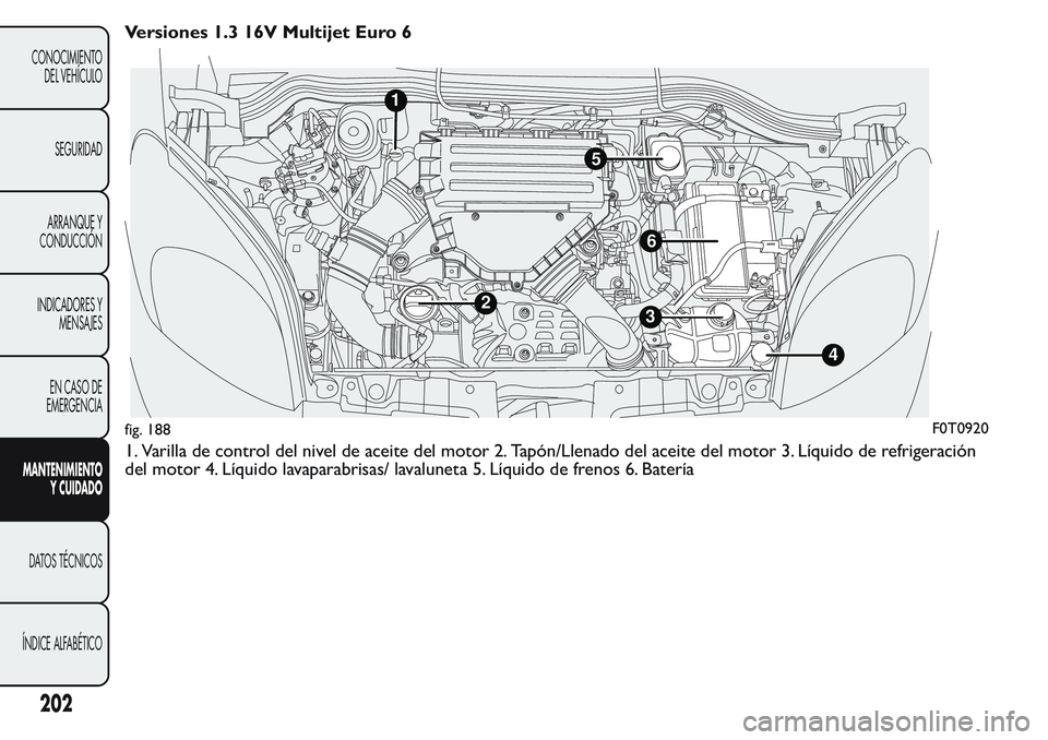 FIAT FIORINO 2017  Manual de Empleo y Cuidado (in Spanish) Versiones 1.3 16V Multijet Euro 6
1. Varilla de control del nivel de aceite del motor 2. Tapón/Llenado del aceite del motor 3. Líquido de refrigeración
del motor 4. Líquido lavaparabrisas/ lavalun