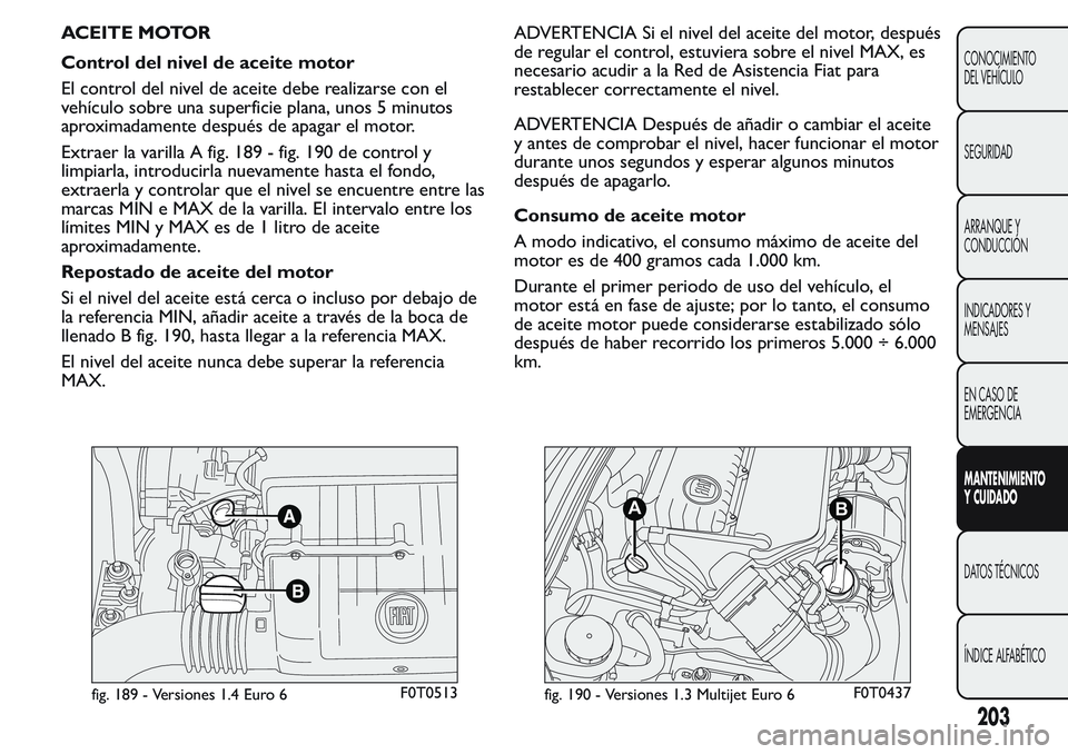FIAT FIORINO 2017  Manual de Empleo y Cuidado (in Spanish) ACEITE MOTOR
Control del nivel de aceite motor
El control del nivel de aceite debe realizarse con el
vehículo sobre una superficie plana, unos 5 minutos
aproximadamente después de apagar el motor.
E