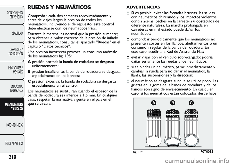 FIAT FIORINO 2017  Manual de Empleo y Cuidado (in Spanish) RUEDAS Y NEUMÁTICOS
Comprobar cada dos semanas aproximadamente y
antes de viajes largos la presión de todos los
neumáticos, incluyendo el de repuesto: este control
debe efectuarse con los neumátic