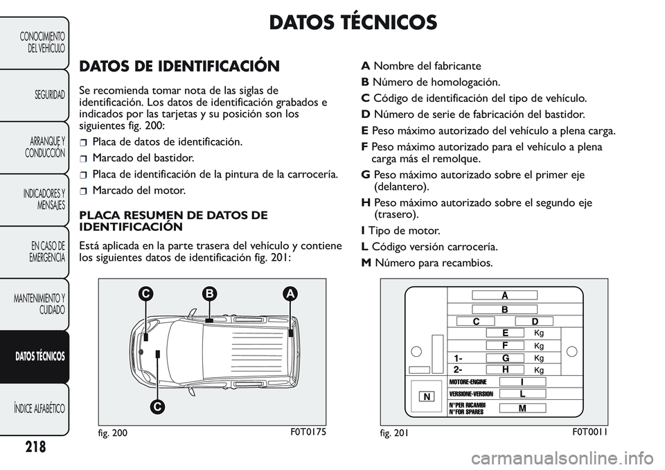 FIAT FIORINO 2017  Manual de Empleo y Cuidado (in Spanish) DATOS TÉCNICOS
DATOS DE IDENTIFICACIÓN
Se recomienda tomar nota de las siglas de
identificación. Los datos de identificación grabados e
indicados por las tarjetas y su posición son los
siguientes