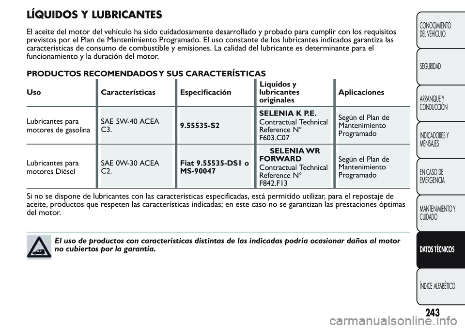 FIAT FIORINO 2017  Manual de Empleo y Cuidado (in Spanish) LÍQUIDOS Y LUBRICANTES
El aceite del motor del vehículo ha sido cuidadosamente desarrollado y probado para cumplir con los requisitos
previstos por el Plan de Mantenimiento Programado. El uso consta
