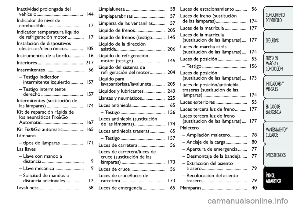 FIAT FIORINO 2017  Manual de Empleo y Cuidado (in Spanish) Inactividad prolongada del
vehículo ......................................... 144
Indicador de nivel de
combustible .................................. 17
Indicador temperatura líquido
de refrigeraci