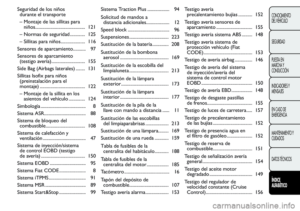 FIAT FIORINO 2017  Manual de Empleo y Cuidado (in Spanish) Seguridad de los niños
durante el transporte
– Montaje de las sillitas para
niños........................................... 121
– Normas de seguridad ............. 125
– Sillitas para niños.