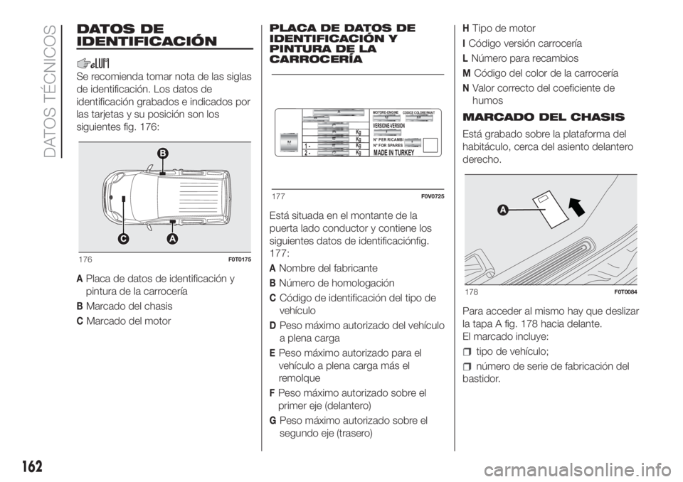 FIAT FIORINO 2018 Manual de Empleo y Cuidado (in Spanish) DATOS DE
IDENTIFICACIÓN
Se recomienda tomar nota de las siglas
de identificación. Los datos de
identificación grabados e indicados por
las tarjetas y su posición son los
siguientes fig. 176:
APlac FIAT FIORINO 2018 Manual de Empleo y Cuidado (in Spanish) DATOS DE
IDENTIFICACIÓN
Se recomienda tomar nota de las siglas
de identificación. Los datos de
identificación grabados e indicados por
las tarjetas y su posición son los
siguientes fig. 176:
APlac