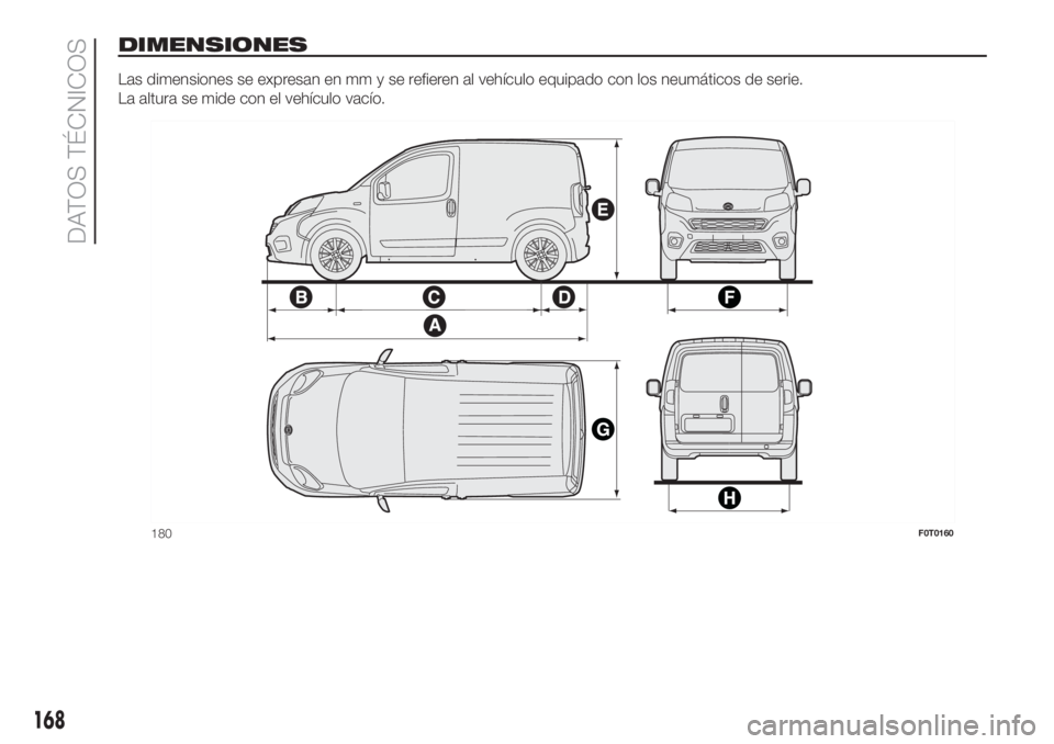 FIAT FIORINO 2018  Manual de Empleo y Cuidado (in Spanish) DIMENSIONES
Las dimensiones se expresan en mm y se refieren al vehículo equipado con los neumáticos de serie.
La altura se mide con el vehículo vacío.
180F0T0160
168
DATOS TÉCNICOS 