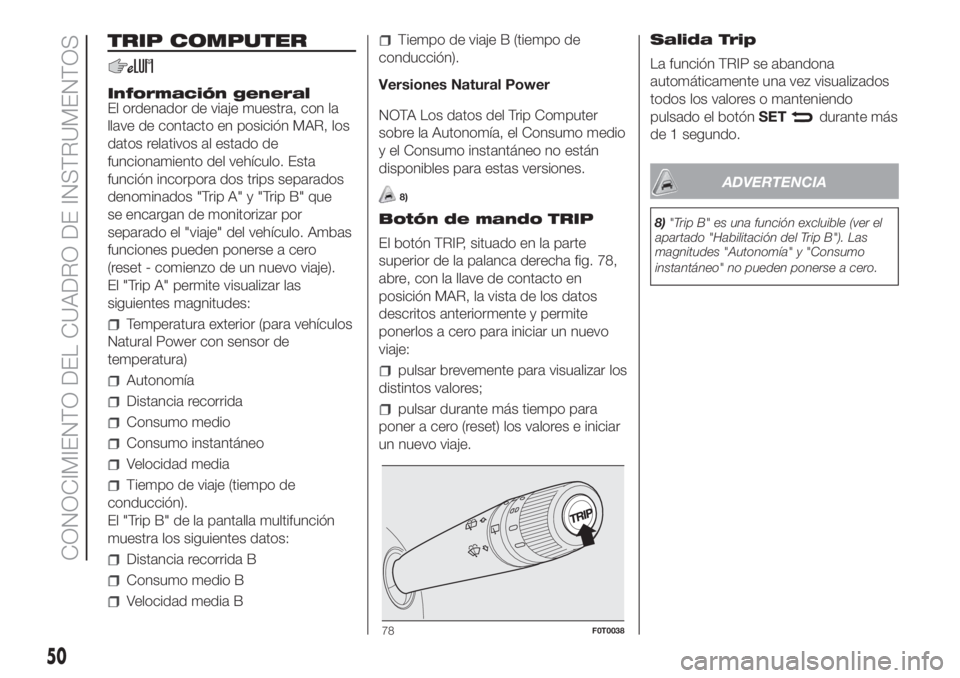 FIAT FIORINO 2018 Manual de Empleo y Cuidado (in Spanish) TRIP COMPUTER
Información general
El ordenador de viaje muestra, con la
llave de contacto en posición MAR, los
datos relativos al estado de
funcionamiento del vehículo. Esta
función incorpora dos FIAT FIORINO 2018 Manual de Empleo y Cuidado (in Spanish) TRIP COMPUTER
Información general
El ordenador de viaje muestra, con la
llave de contacto en posición MAR, los
datos relativos al estado de
funcionamiento del vehículo. Esta
función incorpora dos