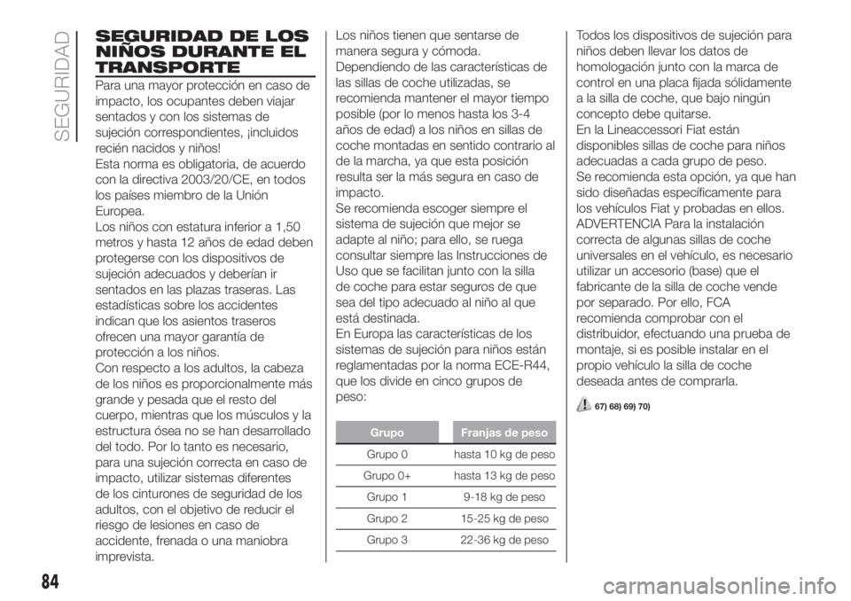 FIAT FIORINO 2018 Manual de Empleo y Cuidado (in Spanish) SEGURIDAD DE LOS
NIÑOS DURANTE EL
TRANSPORTE
Para una mayor protección en caso de
impacto, los ocupantes deben viajar
sentados y con los sistemas de
sujeción correspondientes, ¡incluidos
recién n FIAT FIORINO 2018 Manual de Empleo y Cuidado (in Spanish) SEGURIDAD DE LOS
NIÑOS DURANTE EL
TRANSPORTE
Para una mayor protección en caso de
impacto, los ocupantes deben viajar
sentados y con los sistemas de
sujeción correspondientes, ¡incluidos
recién n
