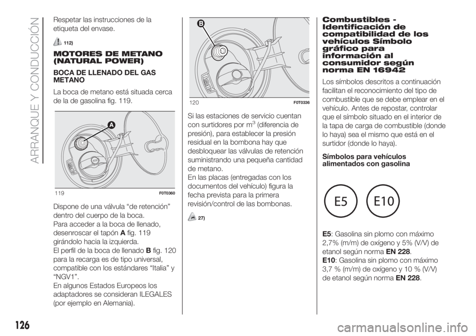 FIAT FIORINO 2019 Manual de Empleo y Cuidado (in Spanish) Respetar las instrucciones de la
etiqueta del envase.
112)
MOTORES DE METANO
(NATURAL POWER)
BOCA DE LLENADO DEL GAS
METANO
La boca de metano está situada cerca
de la de gasolina fig. 119.
Dispone de FIAT FIORINO 2019 Manual de Empleo y Cuidado (in Spanish) Respetar las instrucciones de la
etiqueta del envase.
112)
MOTORES DE METANO
(NATURAL POWER)
BOCA DE LLENADO DEL GAS
METANO
La boca de metano está situada cerca
de la de gasolina fig. 119.
Dispone de