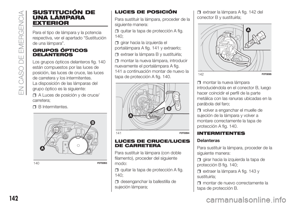 FIAT FIORINO 2019 Manual de Empleo y Cuidado (in Spanish) SUSTITUCIÓN DE
UNA LÁMPARA
EXTERIOR
Para el tipo de lámpara y la potencia
respectiva, ver el apartado “Sustitución
de una lámpara”.
GRUPOS ÓPTICOS
DELANTEROS
Los grupos ópticos delanteros f FIAT FIORINO 2019 Manual de Empleo y Cuidado (in Spanish) SUSTITUCIÓN DE
UNA LÁMPARA
EXTERIOR
Para el tipo de lámpara y la potencia
respectiva, ver el apartado “Sustitución
de una lámpara”.
GRUPOS ÓPTICOS
DELANTEROS
Los grupos ópticos delanteros f