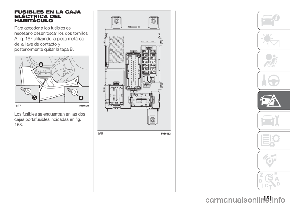 FIAT FIORINO 2019  Manual de Empleo y Cuidado (in Spanish) FUSIBLES EN LA CAJA
ELÉCTRICA DEL
HABITÁCULO
Para acceder a los fusibles es
necesario desenroscar los dos tornillos
A fig. 167 utilizando la pieza metálica
de la llave de contacto y
posteriormente 