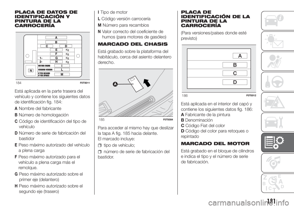 FIAT FIORINO 2019 Manual de Empleo y Cuidado (in Spanish) PLACA DE DATOS DE
IDENTIFICACIÓN Y
PINTURA DE LA
CARROCERÍA
Está aplicada en la parte trasera del
vehículo y contiene los siguientes datos
de identificación fig. 184:
ANombre del fabricante
BNúm FIAT FIORINO 2019 Manual de Empleo y Cuidado (in Spanish) PLACA DE DATOS DE
IDENTIFICACIÓN Y
PINTURA DE LA
CARROCERÍA
Está aplicada en la parte trasera del
vehículo y contiene los siguientes datos
de identificación fig. 184:
ANombre del fabricante
BNúm