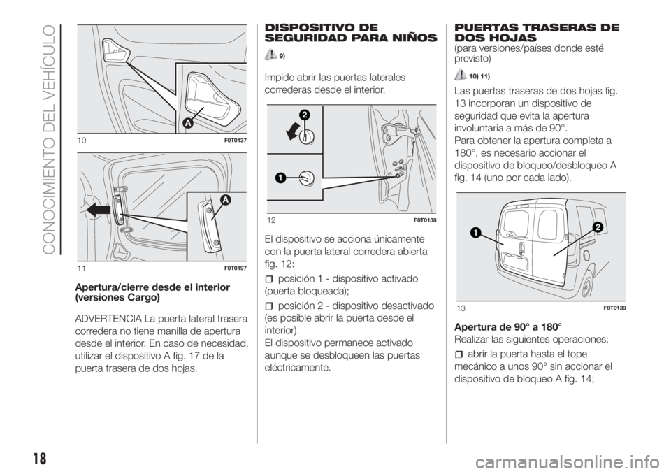 FIAT FIORINO 2019 Manual de Empleo y Cuidado (in Spanish) Apertura/cierre desde el interior
(versiones Cargo)
ADVERTENCIA La puerta lateral trasera
corredera no tiene manilla de apertura
desde el interior. En caso de necesidad,
utilizar el dispositivo A fig. FIAT FIORINO 2019 Manual de Empleo y Cuidado (in Spanish) Apertura/cierre desde el interior
(versiones Cargo)
ADVERTENCIA La puerta lateral trasera
corredera no tiene manilla de apertura
desde el interior. En caso de necesidad,
utilizar el dispositivo A fig.