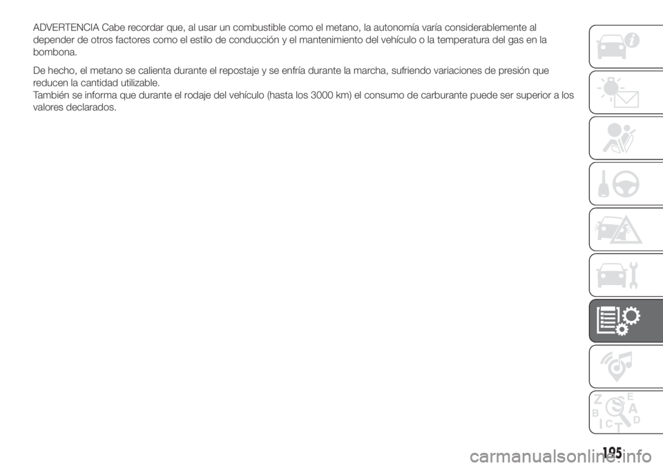 FIAT FIORINO 2019  Manual de Empleo y Cuidado (in Spanish) ADVERTENCIA Cabe recordar que, al usar un combustible como el metano, la autonomía varía considerablemente al
depender de otros factores como el estilo de conducción y el mantenimiento del vehícul