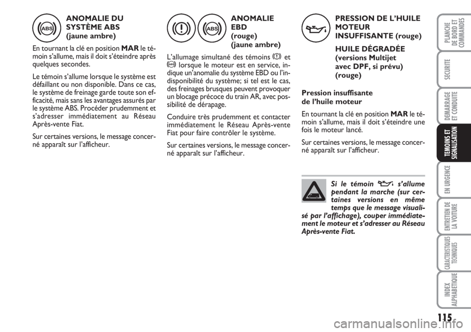 FIAT FIORINO 2007 Notice dentretien (in French) 115
SECURITE
DEMARRAGE
ET CONDUITE
EN URGENCE
ENTRETIEN DE
LA VOITURE
CARACTERISTIQUES
TECHNIQUES
INDEX
ALPHABETIQUE
PLANCHE
DE BORD ET
COMMANDES
TEMOINS ETSIGNALISATION
ANOMALIE DU
SYSTÈME ABS
(jau FIAT FIORINO 2007 Notice dentretien (in French) 115
SECURITE
DEMARRAGE
ET CONDUITE
EN URGENCE
ENTRETIEN DE
LA VOITURE
CARACTERISTIQUES
TECHNIQUES
INDEX
ALPHABETIQUE
PLANCHE
DE BORD ET
COMMANDES
TEMOINS ETSIGNALISATION
ANOMALIE DU
SYSTÈME ABS
(jau