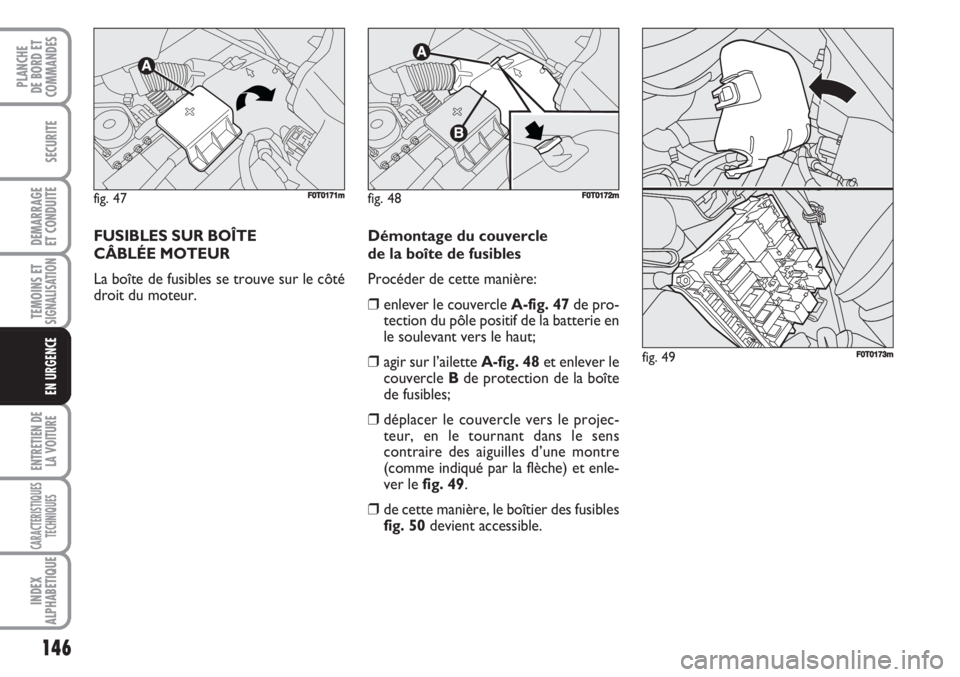 FIAT FIORINO 2007  Notice dentretien (in French) 146
SECURITE
DEMARRAGE
ET CONDUITE
TEMOINS ETSIGNALISATION
ENTRETIEN DE
LA VOITURE
CARACTERISTIQUES
TECHNIQUES
INDEX
ALPHABETIQUE
PLANCHE
DE BORD ET
COMMANDES
EN URGENCE
FUSIBLES SUR BOÎTE 
CÂBLÉE 
