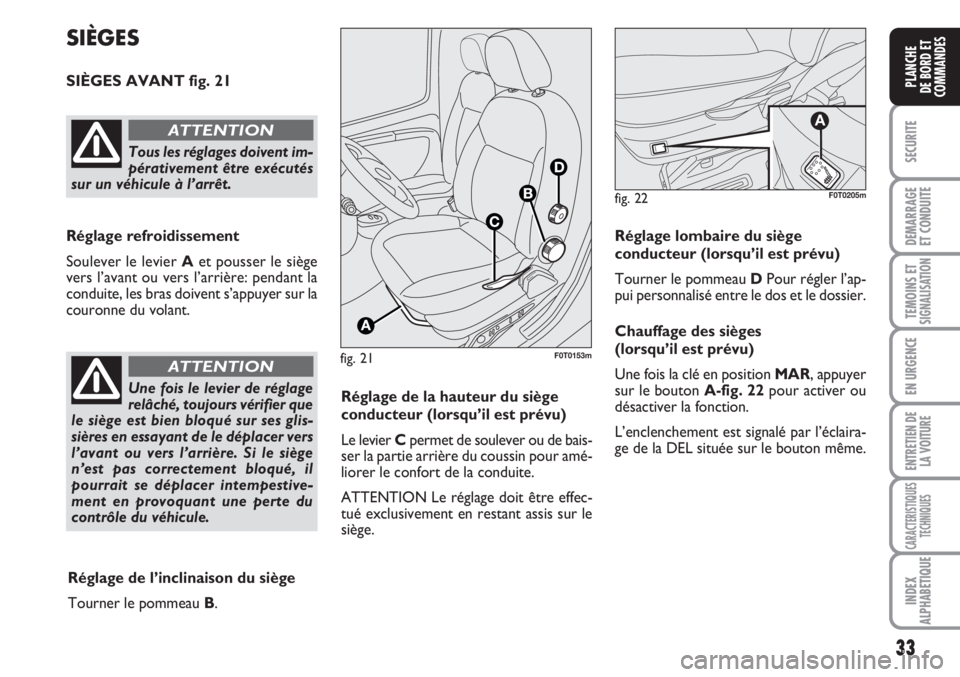 FIAT FIORINO 2007 Notice dentretien (in French) 33
SECURITE
DEMARRAGE
ET CONDUITE
TEMOINS ETSIGNALISATION
EN URGENCE
ENTRETIEN DE
LA VOITURE
CARACTERISTIQUES
TECHNIQUES
INDEX
ALPHABETIQUE
PLANCHE
DE BORD ET
COMMANDES
fig. 21F0T0153m
SIÈGES
SIÈGES FIAT FIORINO 2007 Notice dentretien (in French) 33
SECURITE
DEMARRAGE
ET CONDUITE
TEMOINS ETSIGNALISATION
EN URGENCE
ENTRETIEN DE
LA VOITURE
CARACTERISTIQUES
TECHNIQUES
INDEX
ALPHABETIQUE
PLANCHE
DE BORD ET
COMMANDES
fig. 21F0T0153m
SIÈGES
SIÈGES