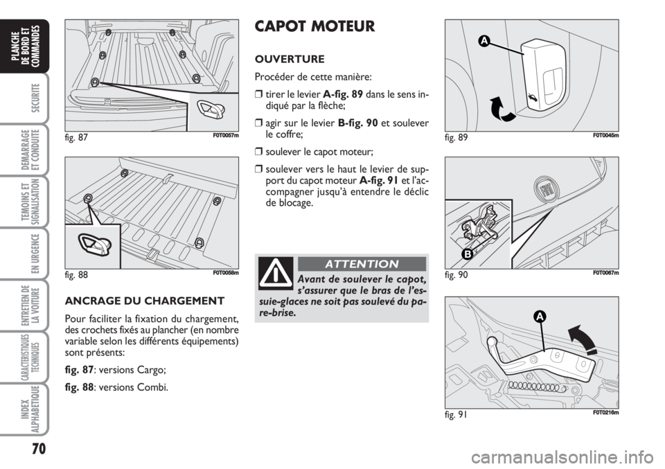 FIAT FIORINO 2007  Notice dentretien (in French) 70
SECURITE
DEMARRAGE
ET CONDUITE
TEMOINS ETSIGNALISATION
EN URGENCE
ENTRETIEN DE
LA VOITURE
CARACTERISTIQUES
TECHNIQUES
INDEX
ALPHABETIQUE
PLANCHE
DE BORD ET
COMMANDES
fig. 89FF0T0045m
fig. 90F0T0067