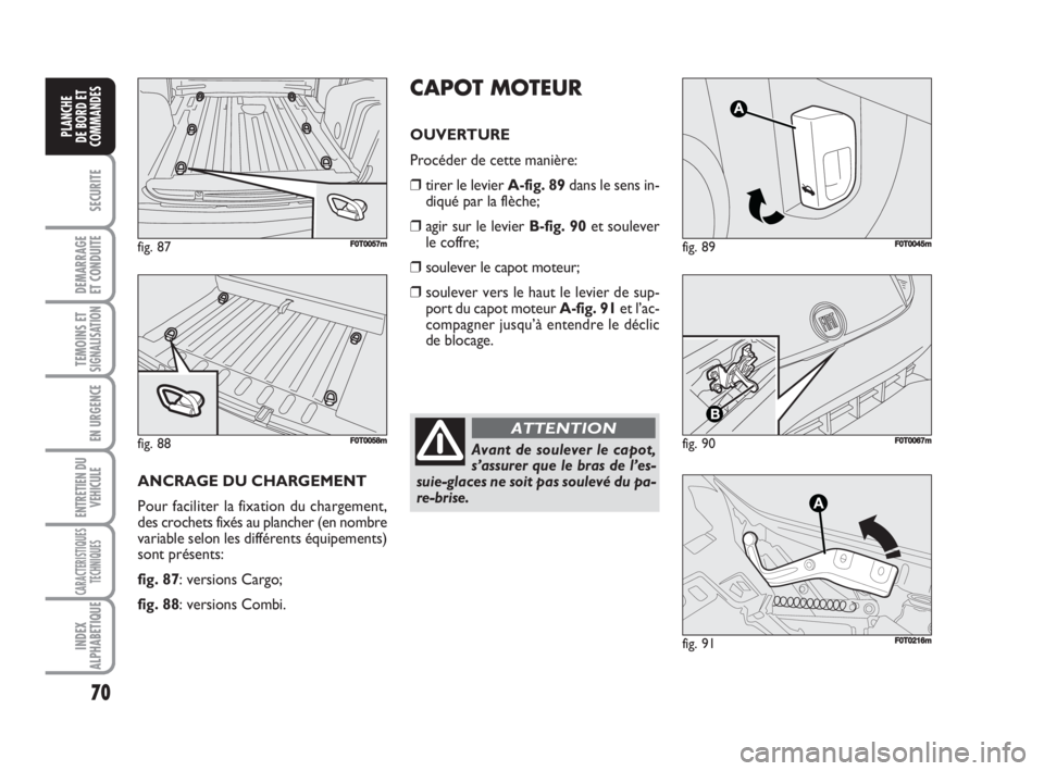 FIAT FIORINO 2008  Notice dentretien (in French) 70
SECURITE
DEMARRAGE
ET CONDUITE
TEMOINS ETSIGNALISATION
EN URGENCE
ENTRETIEN DU
VEHICULE
CARACTERISTIQUES
TECHNIQUES
INDEX
ALPHABETIQUE
PLANCHE
DE BORD ET
COMMANDES
fig. 89FF0T0045m
fig. 90F0T0067mA