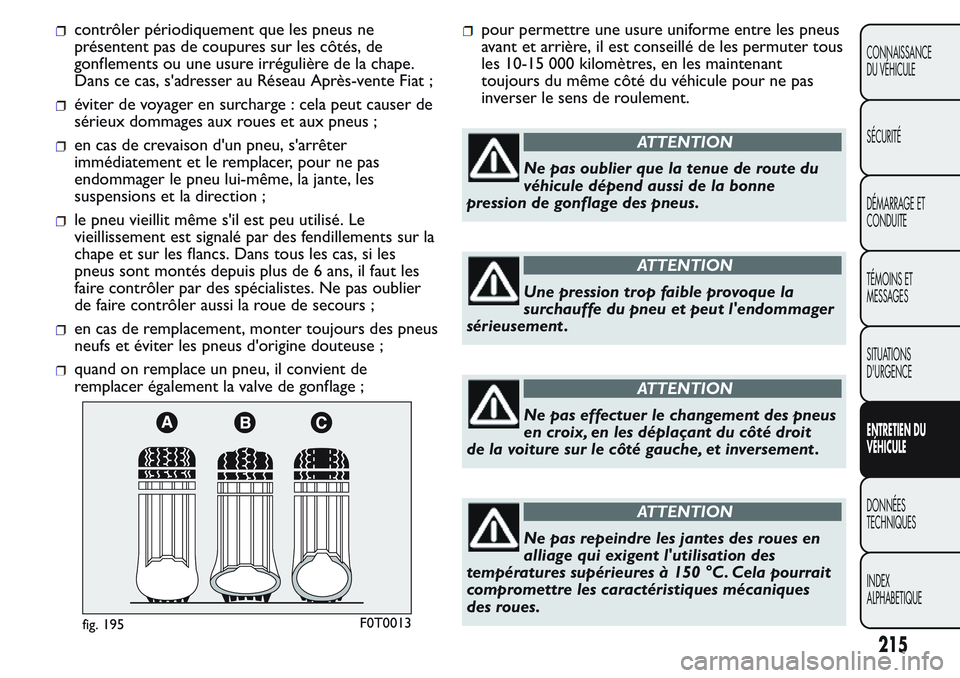 FIAT FIORINO 2017 Notice dentretien (in French) contrôler périodiquement que les pneus ne
présentent pas de coupures sur les côtés, de
gonflements ou une usure irrégulière de la chape.
Dans ce cas, s'adresser au Réseau Après-vente Fiat FIAT FIORINO 2017 Notice dentretien (in French) contrôler périodiquement que les pneus ne
présentent pas de coupures sur les côtés, de
gonflements ou une usure irrégulière de la chape.
Dans ce cas, s'adresser au Réseau Après-vente Fiat