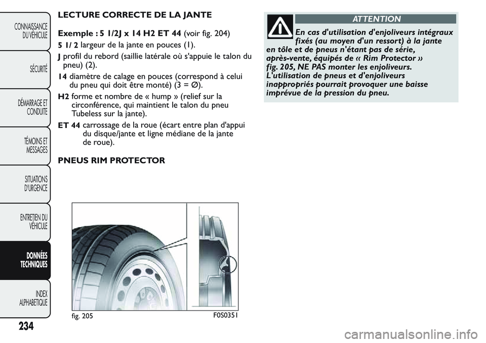 FIAT FIORINO 2017 Notice dentretien (in French) LECTURE CORRECTE DE LA JANTE
Exemple : 5 1/2J x 14 H2 ET 44(voir fig. 204)
51/2largeur de la jante en pouces (1).
Jprofil du rebord (saillie latérale où s'appuie le talon du
pneu) (2).
14diamèt FIAT FIORINO 2017 Notice dentretien (in French) LECTURE CORRECTE DE LA JANTE
Exemple : 5 1/2J x 14 H2 ET 44(voir fig. 204)
51/2largeur de la jante en pouces (1).
Jprofil du rebord (saillie latérale où s'appuie le talon du
pneu) (2).
14diamèt