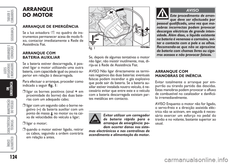 FIAT FIORINO 2007 Manual de Uso e Manutenção (in Portuguese) ARRANQUE
DO MOTOR
ARRANQUE DE EMERGÊNCIA
Se a luz avisadora Yno quadro de ins-
trumentos permanecer acesa de modo fi-
xo, contactar imediatamente a Rede de
Assistência Fiat.
ARRANQUE COM
BATERIA AU FIAT FIORINO 2007 Manual de Uso e Manutenção (in Portuguese) ARRANQUE
DO MOTOR
ARRANQUE DE EMERGÊNCIA
Se a luz avisadora Yno quadro de ins-
trumentos permanecer acesa de modo fi-
xo, contactar imediatamente a Rede de
Assistência Fiat.
ARRANQUE COM
BATERIA AU