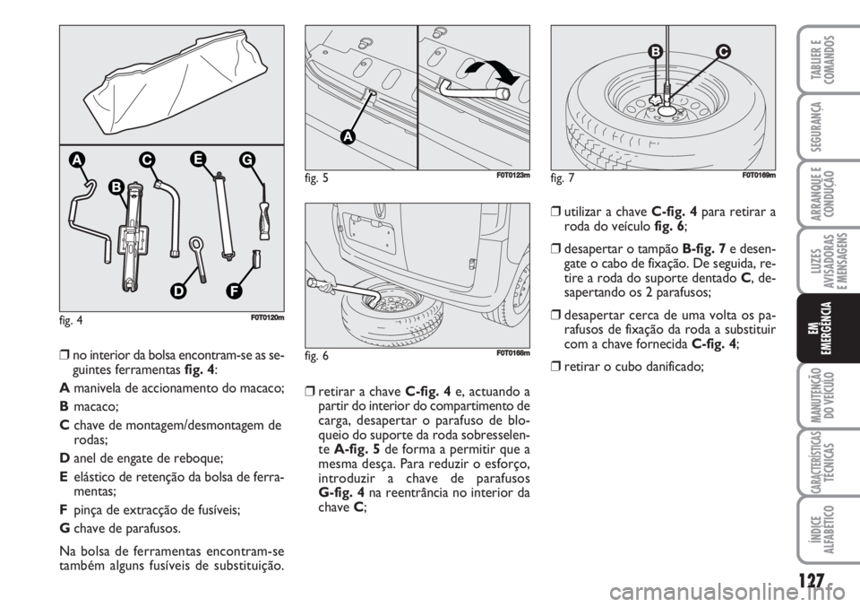 FIAT FIORINO 2007 Manual de Uso e Manutenção (in Portuguese) fig. 4F0T0120m
❒retirar a chave C-fig. 4e, actuando a
partir do interior do compartimento de
carga, desapertar o parafuso de blo-
queio do suporte da roda sobresselen-
te A-fig. 5de forma a permitir FIAT FIORINO 2007 Manual de Uso e Manutenção (in Portuguese) fig. 4F0T0120m
❒retirar a chave C-fig. 4e, actuando a
partir do interior do compartimento de
carga, desapertar o parafuso de blo-
queio do suporte da roda sobresselen-
te A-fig. 5de forma a permitir