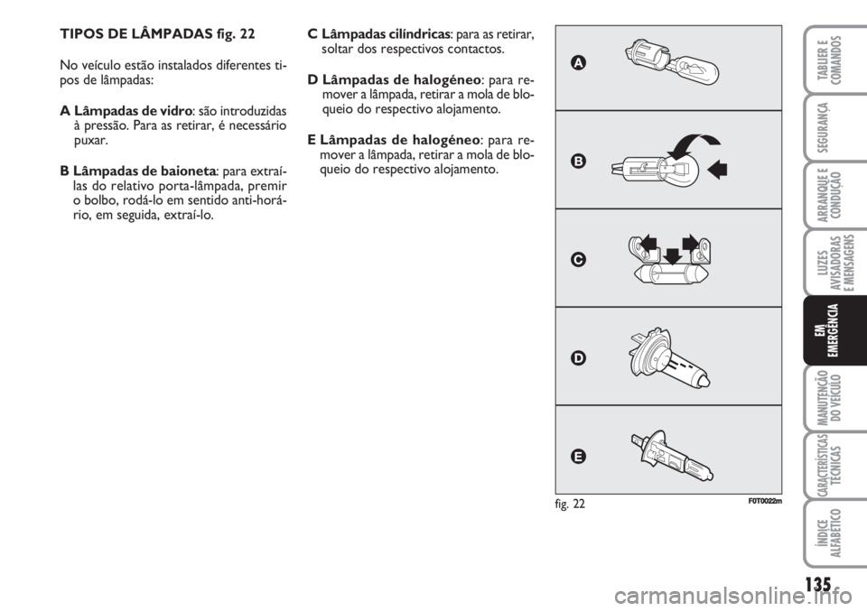 FIAT FIORINO 2007  Manual de Uso e Manutenção (in Portuguese) TIPOS DE LÂMPADAS fig. 22
No veículo estão instalados diferentes ti-
pos de lâmpadas:
A Lâmpadas de vidro: são introduzidas
à pressão. Para as retirar, é necessário
puxar.
B Lâmpadas de bai