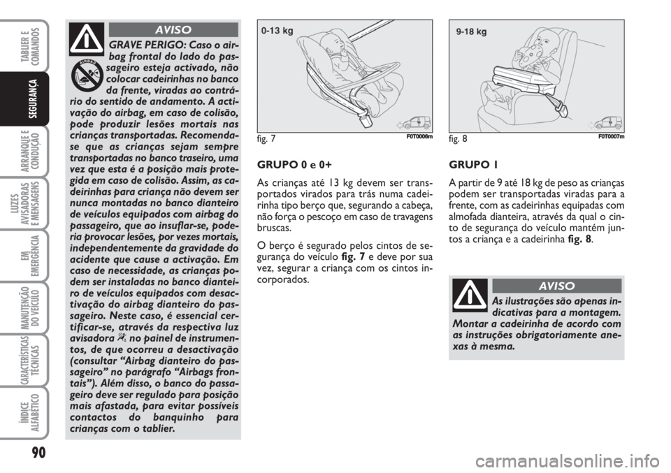 FIAT FIORINO 2007 Manual de Uso e Manutenção (in Portuguese) 90
ARRANQUE E
CONDUÇÃO
LUZES
AVISADORAS
E MENSAGENS
EM
EMERGÊNCIA
MANUTENÇÃO
DO VEÍCULO
CARACTERÍSTICASTÉCNICAS
ÍNDICE
ALFABÉTICO
TABLIER E
COMANDOS
SEGURANÇA
GRAVE PERIGO: Caso o air-
bag FIAT FIORINO 2007 Manual de Uso e Manutenção (in Portuguese) 90
ARRANQUE E
CONDUÇÃO
LUZES
AVISADORAS
E MENSAGENS
EM
EMERGÊNCIA
MANUTENÇÃO
DO VEÍCULO
CARACTERÍSTICASTÉCNICAS
ÍNDICE
ALFABÉTICO
TABLIER E
COMANDOS
SEGURANÇA
GRAVE PERIGO: Caso o air-
bag