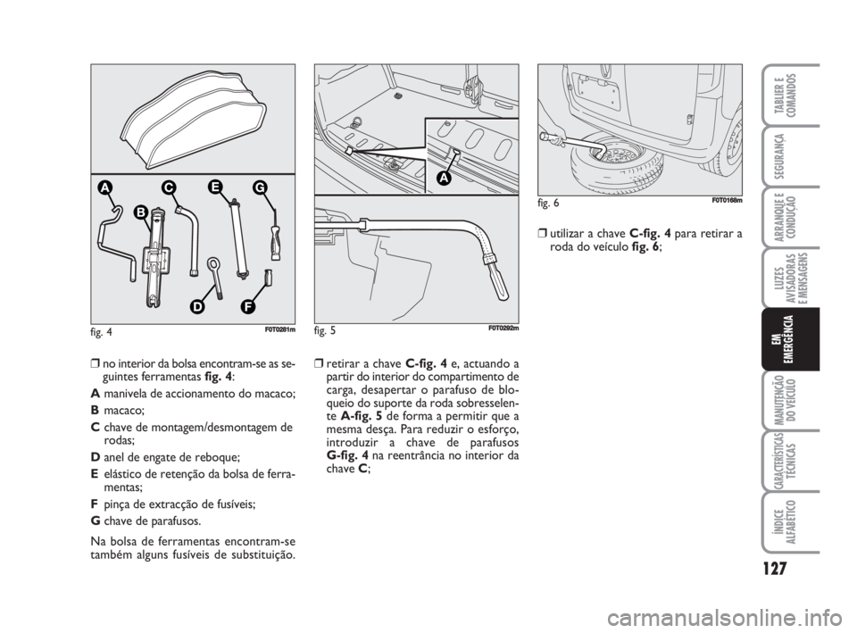 FIAT FIORINO 2009  Manual de Uso e Manutenção (in Portuguese) fig. 4F0T0281m
❒retirar a chave C-fig. 4e, actuando a
partir do interior do compartimento de
carga, desapertar o parafuso de blo-
queio do suporte da roda sobresselen-
te A-fig. 5de forma a permitir