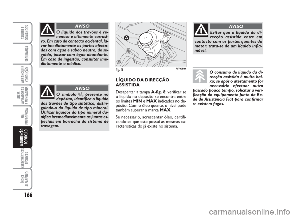 FIAT FIORINO 2009  Manual de Uso e Manutenção (in Portuguese) 166
LUZES
AVISADORAS 
E MENSAGENS
CARACTERÍSTICASTÉCNICAS
ÍNDICE
ALFABÉTICO
TABLIER E
COMANDOS
SEGURANÇA
ARRANQUE E
CONDUÇÃO
EM
EMERGÊNCIA
MANUTENÇÃO
DO VEÍCULO
O líquido dos travões é v