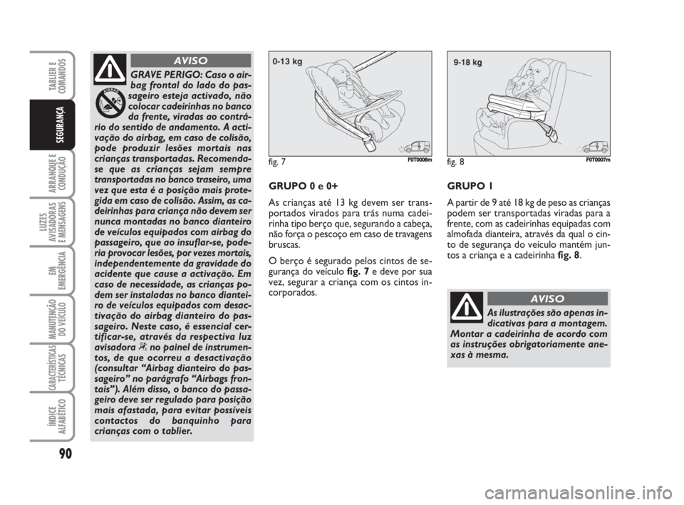 FIAT FIORINO 2009  Manual de Uso e Manutenção (in Portuguese) 90
ARRANQUE E
CONDUÇÃO
LUZES
AVISADORAS 
E MENSAGENS
EM
EMERGÊNCIA
MANUTENÇÃO
DO VEÍCULO
CARACTERÍSTICASTÉCNICAS
ÍNDICE
ALFABÉTICO
TABLIER E
COMANDOS
SEGURANÇA
GRAVE PERIGO: Caso o air-
bag