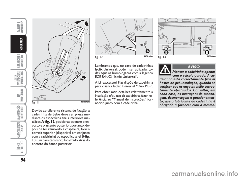 FIAT FIORINO 2009  Manual de Uso e Manutenção (in Portuguese) 94
ARRANQUE E
CONDUÇÃO
LUZES
AVISADORAS 
E MENSAGENS
EM
EMERGÊNCIA
MANUTENÇÃO
DO VEÍCULO
CARACTERÍSTICASTÉCNICAS
ÍNDICE
ALFABÉTICO
TABLIER E
COMANDOS
SEGURANÇA
fig. 12FF0T0145m
fig. 11F0T00