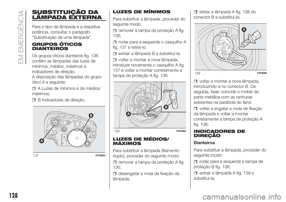FIAT FIORINO 2018  Manual de Uso e Manutenção (in Portuguese) SUBSTITUIÇÃO DA
LÂMPADA EXTERNA
Para o tipo de lâmpadaearespetiva
potência, consultar o parágrafo
“Substituição de uma lâmpada”.
GRUPOS ÓTICOS
DIANTEIROS
Os grupos óticos dianteiros fig